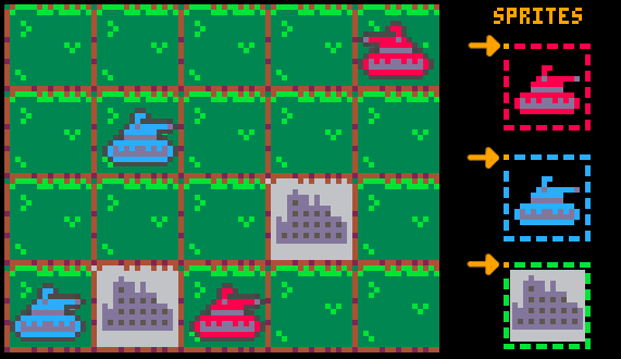 blue and red tanks on a green grassy tiled map