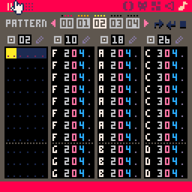 The Royal Road progression, IV, V, iii, vi in Pico-8's tracker view