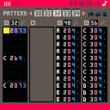 The song with the new drum beat in Pico-8's tracker view