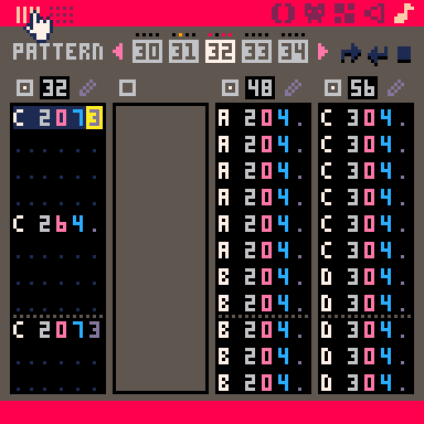 The updated song in Pico-8's tracker view