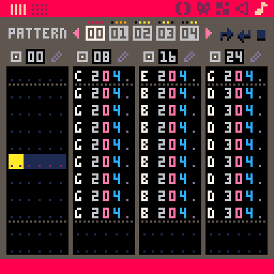 The G Major chord in PICO-8's tracker view