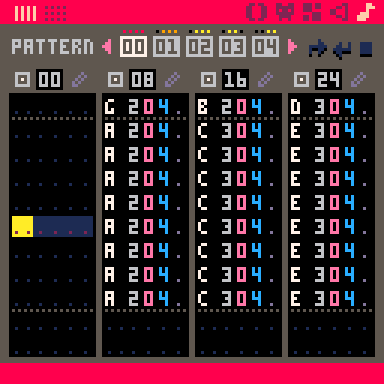 The A minor chord in PICO-8's tracker view