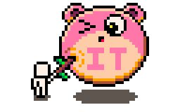 a person with a stick poking a pink bear-like ball with the word it