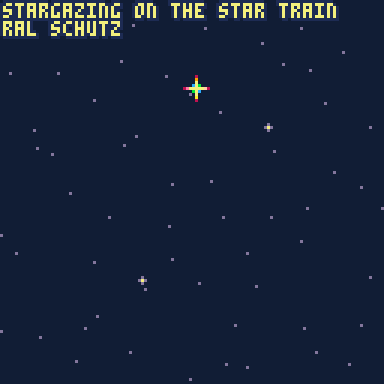a field of stars, with a handful gleaming brighter than the others. A caption names song and composer: "Stargaxing on the Star Train, Ral Schultz".