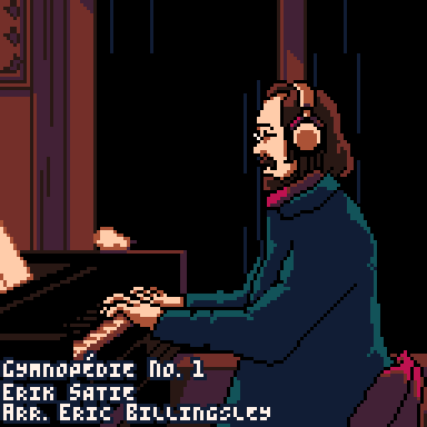 A gif of Eric Billingsley's cart, featuring a picture of Erik Satie redrawn in the style of a lofi girl, headphones and all. The streaks of rain outside the window are actually animated in a piano roll representation of the music.