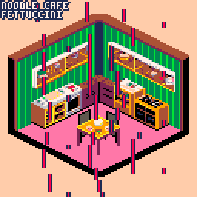 an isometric view of a cafe interior, with vertical lines over top forming a representation of the notes playing. The caption names song and artist: "Noodle Cafe, Fettuccini"